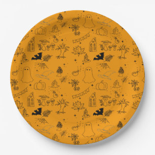 Halloween pattern of ghosts, houses, spiders  squa paper plates