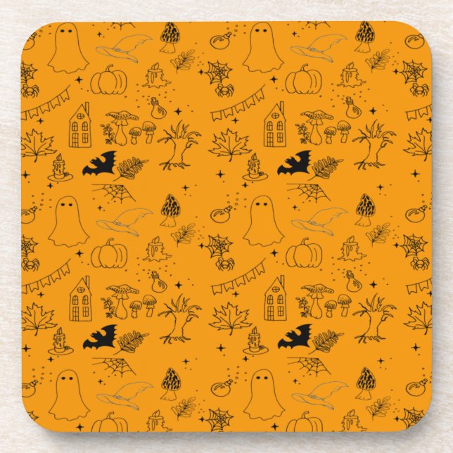 Halloween pattern of ghosts, houses, spiders throw beverage coaster (Front)