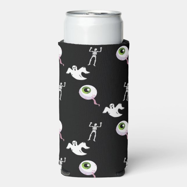 Halloween pattern on black seltzer can cooler (Seltzer Front)