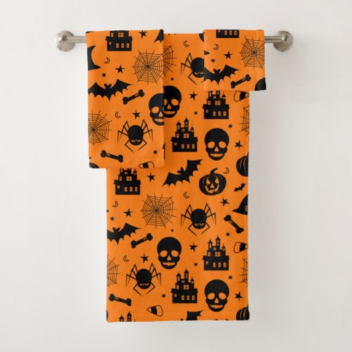 Halloween Pattern Orange and Black Bath Towel Set