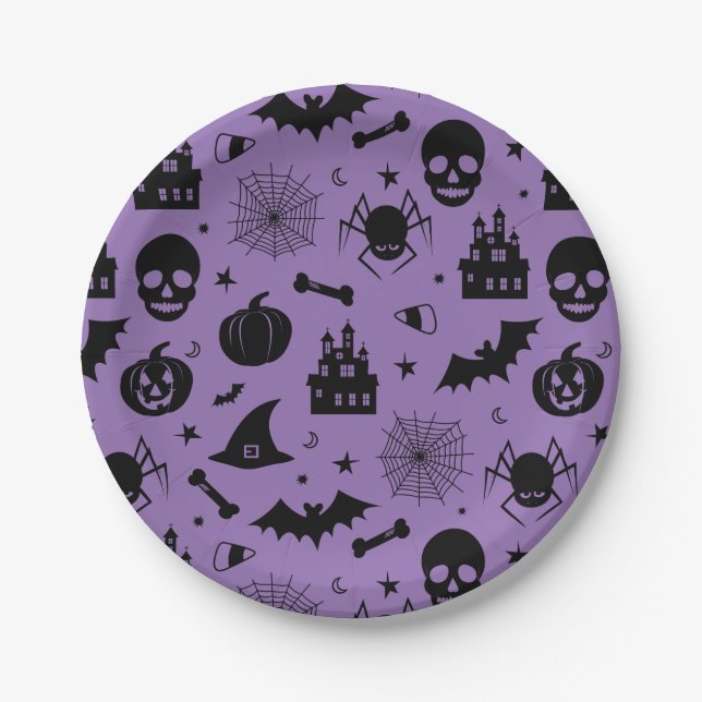 Halloween Pattern Purple and Black Paper Plates (Front)