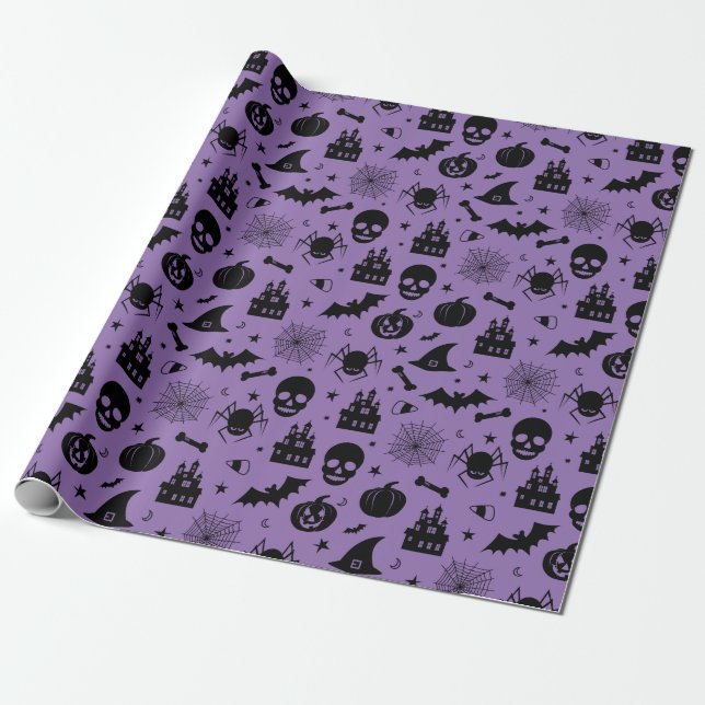 Halloween Pattern Purple and Black Wrapping Paper (Unrolled)