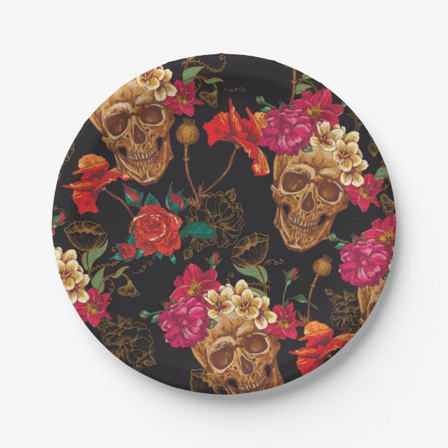 Halloween pattern,skulls,roses,gothic,black,trendy paper plates (Front)