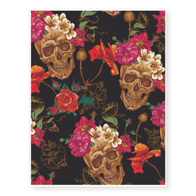 Halloween pattern,skulls,roses,gothic,black,trendy temporary tattoos (Front)