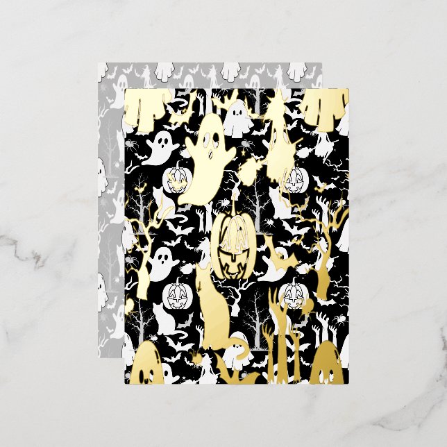 Halloween pattern. Spooky and cute.b Black BG Foil Holiday Postcard (Front/Back)
