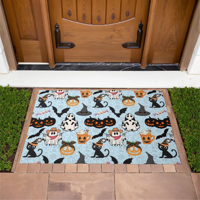 Halloween pattern. Spooky and cute L Blue BG Doormat (Outdoor)