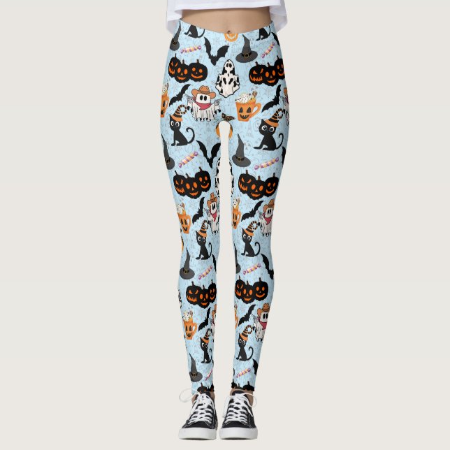Halloween pattern. Spooky and cute L Blue BG Leggings (Front)