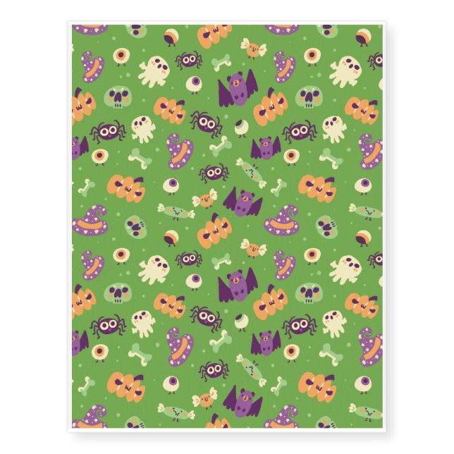 Halloween Pattern With Bats and Green Pattern Temporary Tattoos (Front)