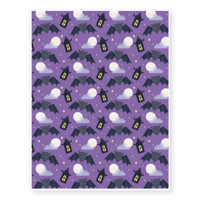 Halloween Pattern With Bats and Purple Pattern Temporary Tattoos (Front)