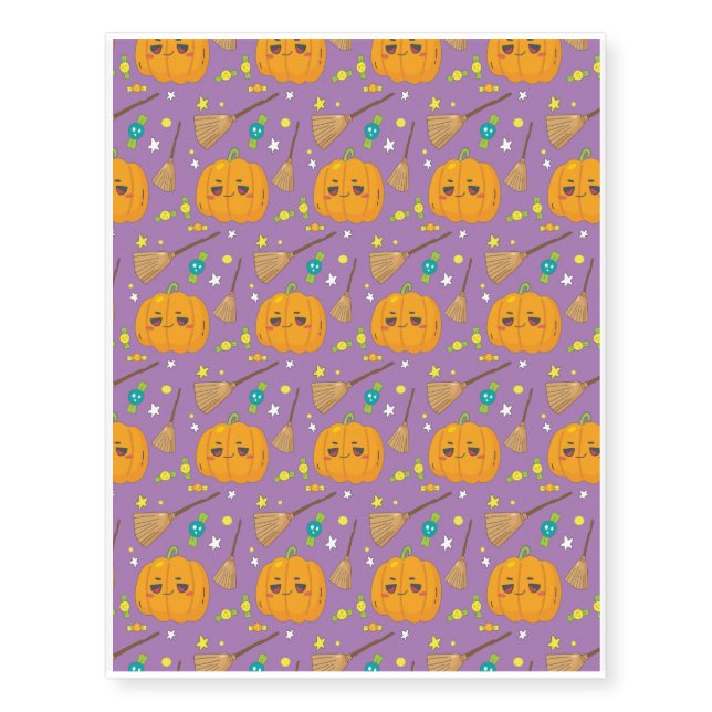 Halloween Pattern With Candy and Purple Pattern Temporary Tattoos (Front)