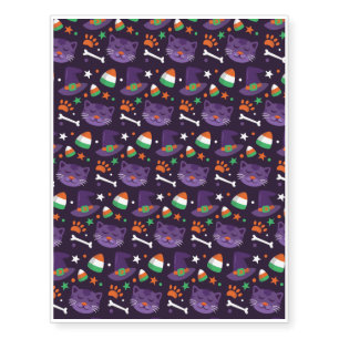 Halloween Pattern With Cats and Purple Pattern Temporary Tattoos