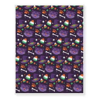 Halloween Pattern With Cats and Purple Pattern Temporary Tattoos