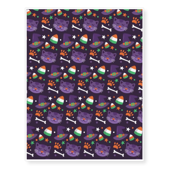 Halloween Pattern With Cats and Purple Pattern Temporary Tattoos (Front)