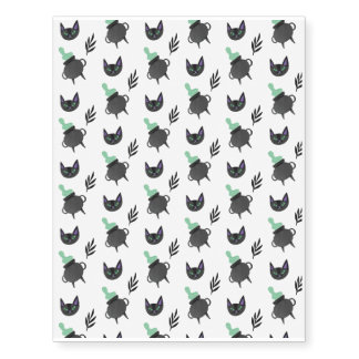 Halloween Pattern With Cats and White Pattern Temporary Tattoos