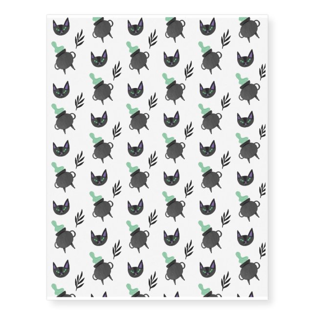 Halloween Pattern With Cats and White Pattern Temporary Tattoos (Front)