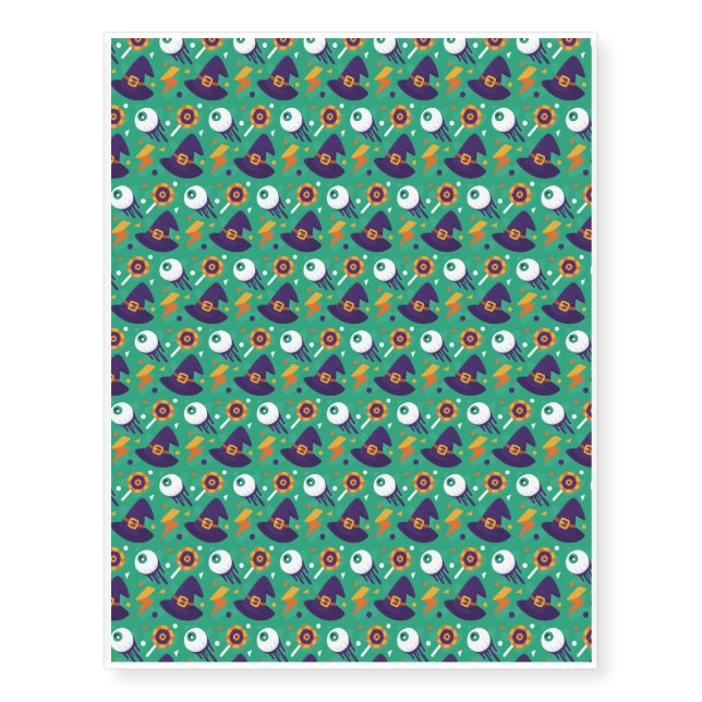 Halloween Pattern With Eyes and Green Pattern Temporary Tattoos (Front)