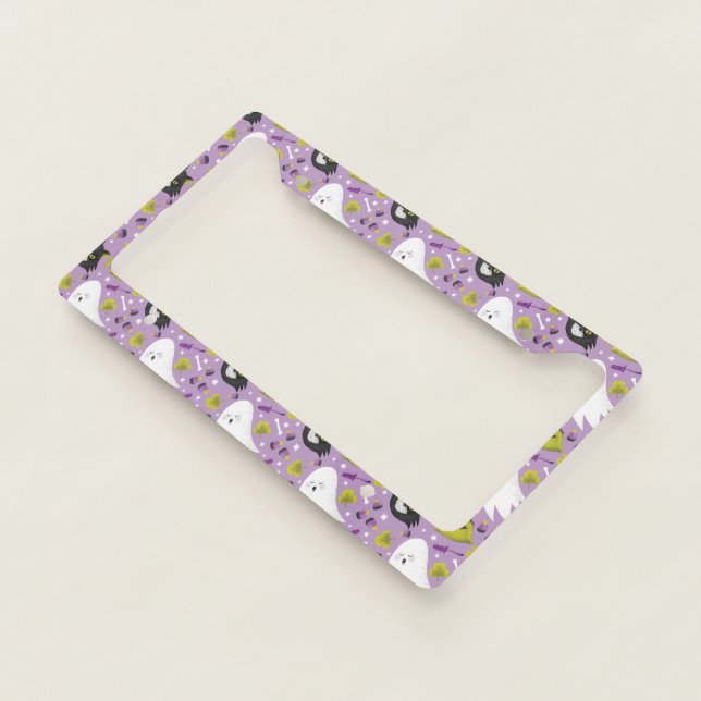 Halloween Pattern With Ghost and Purple Pattern License Plate Frame (3/4)