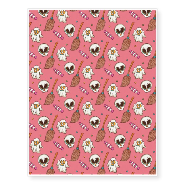 Halloween Pattern With Ghost and Red Pattern Temporary Tattoos (Front)