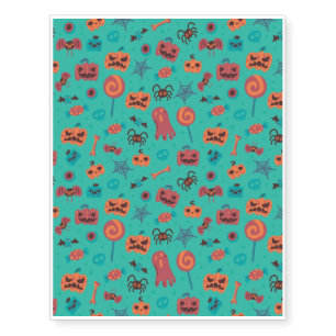 Halloween Pattern With Ghost and Turquoise Pattern Temporary Tattoos