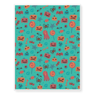 Halloween Pattern With Ghost and Turquoise Pattern Temporary Tattoos