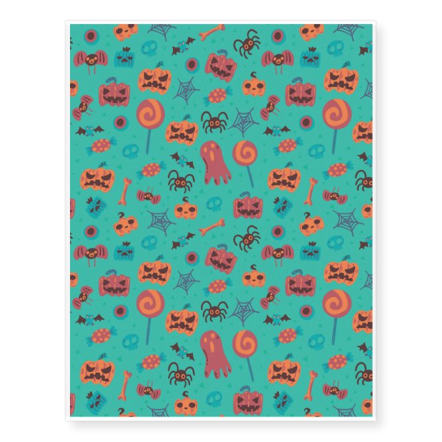 Halloween Pattern With Ghost and Turquoise Pattern Temporary Tattoos (Front)