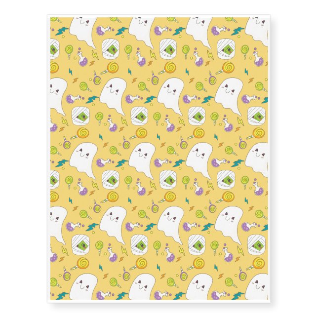 Halloween Pattern With Ghost and Yellow Pattern Temporary Tattoos (Front)