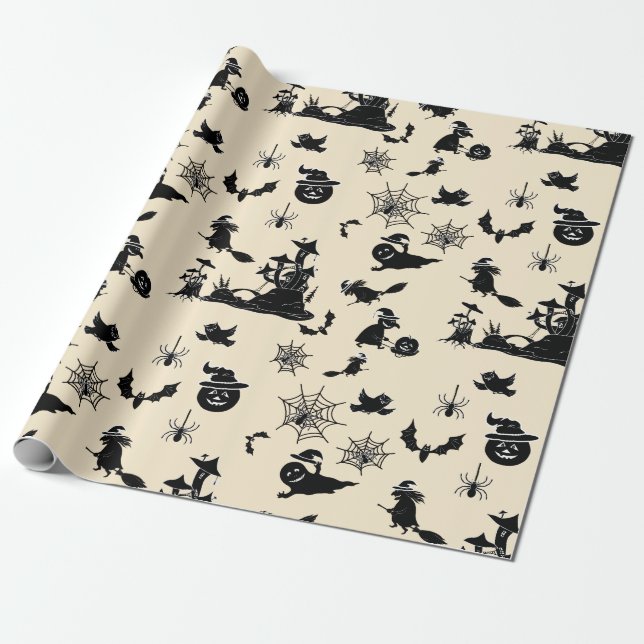 Halloween pattern with pumpkins bats witches wrapping paper (Unrolled)