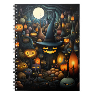 Halloween Pattern With Witch Hat And Cool Pumpkins Notebook
