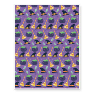 Halloween Pattern With Witch hat and Purple Temporary Tattoos