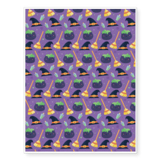 Halloween Pattern With Witch hat and Purple Temporary Tattoos