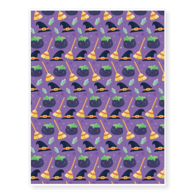 Halloween Pattern With Witch hat and Purple Temporary Tattoos (Front)