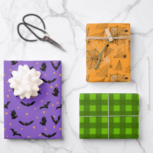 Halloween Patterns Bats Spiders web Wrapping Paper Sheets (Front)