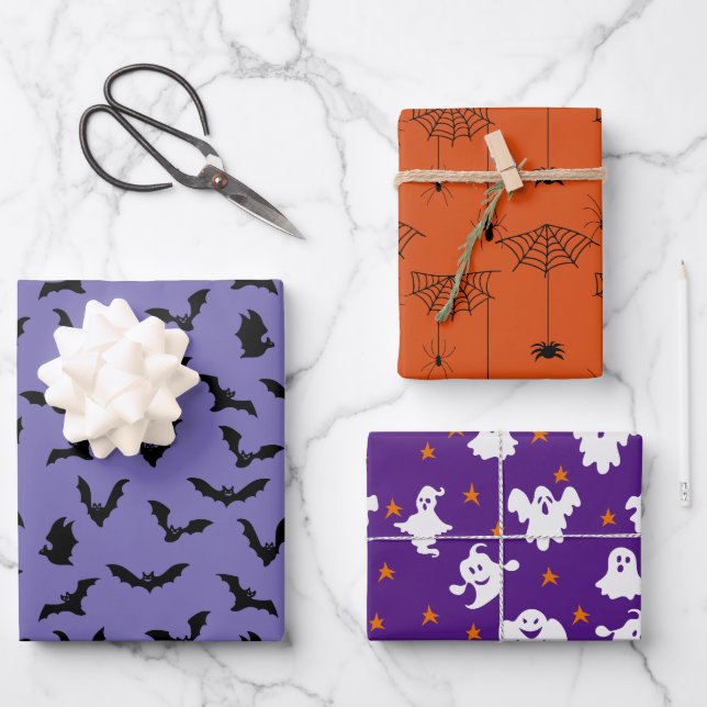 Halloween Patterns Ghost Pumpkins Spider Web Wrapping Paper Sheets (Front)