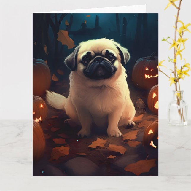 Halloween Pekingese With Pumpkins Scary Card (Yellow Flower)