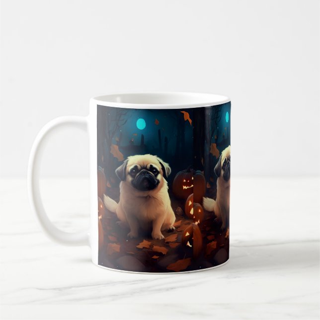 Halloween Pekingese With Pumpkins Scary Coffee Mug (Left)