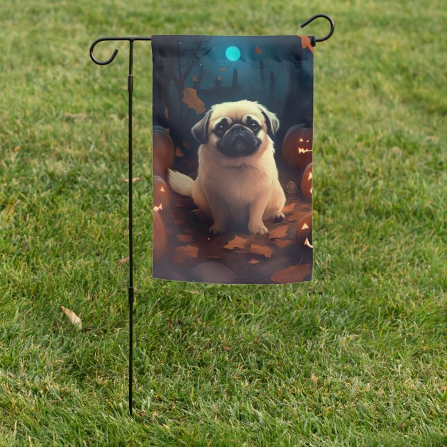 Halloween Pekingese With Pumpkins Scary Garden Flag (In SItu)