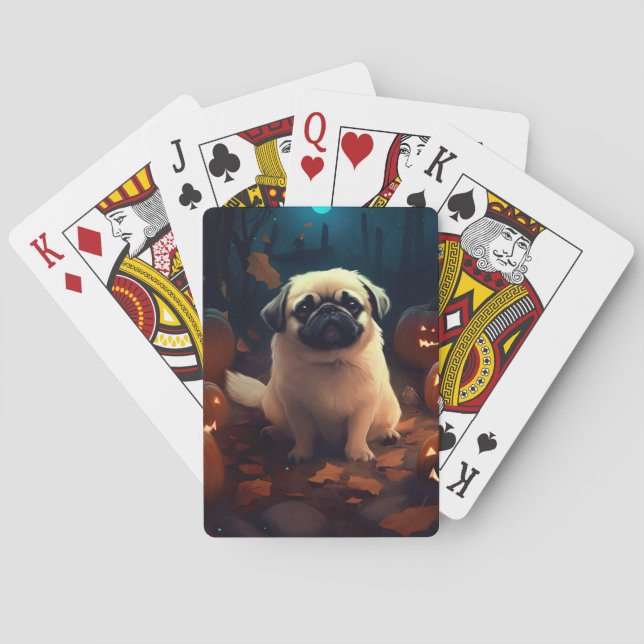 Halloween Pekingese With Pumpkins Scary Poker Cards (Back)