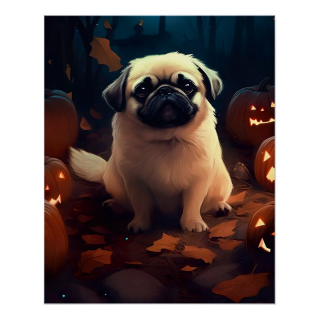 Halloween Pekingese With Pumpkins Scary Poster (Front)