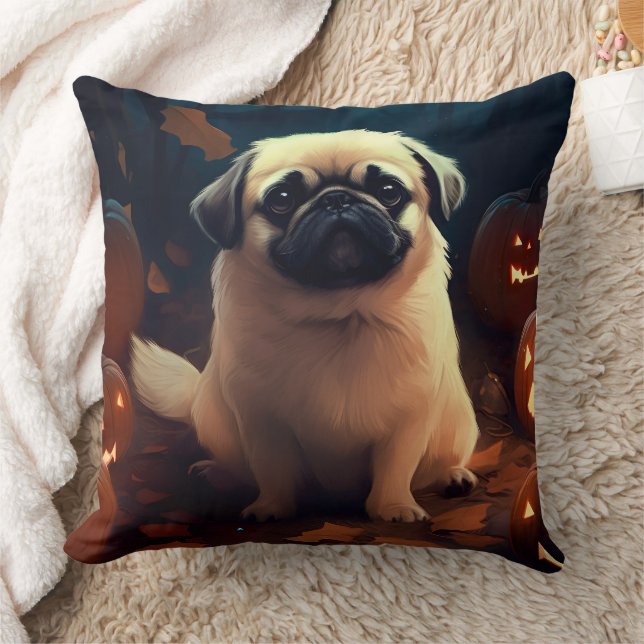 Halloween Pekingese With Pumpkins Scary Throw Pillow (Blanket)