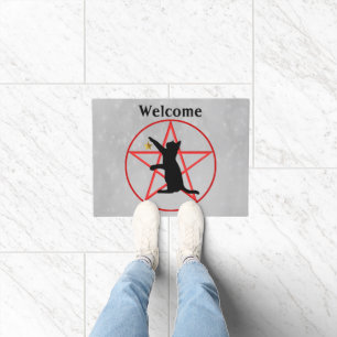 Halloween Pentagram Circle With black Cat Grey Doormat