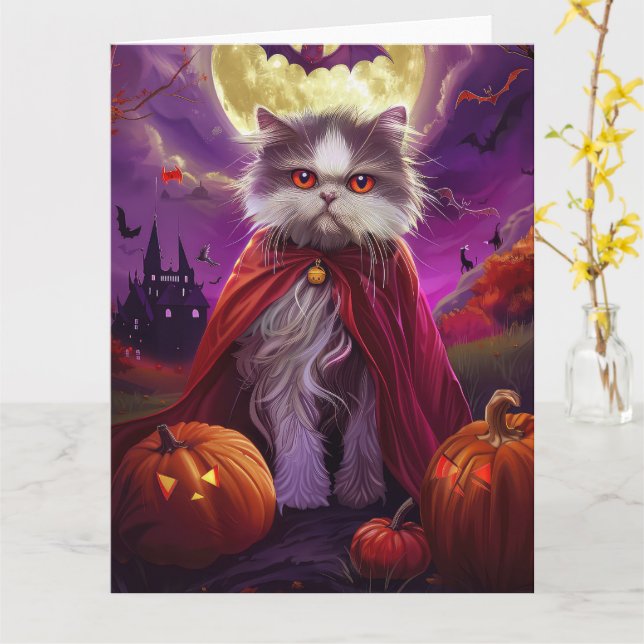 Halloween Persian Cat Vampire Pumpkins Scary  Card (Yellow Flower)