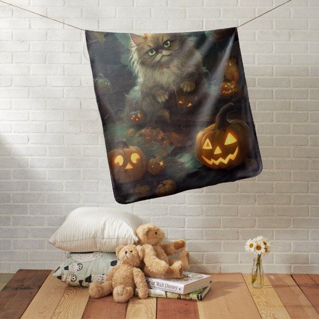 Halloween Persian Cat With Pumpkins Scary Baby Blanket (In Situ)