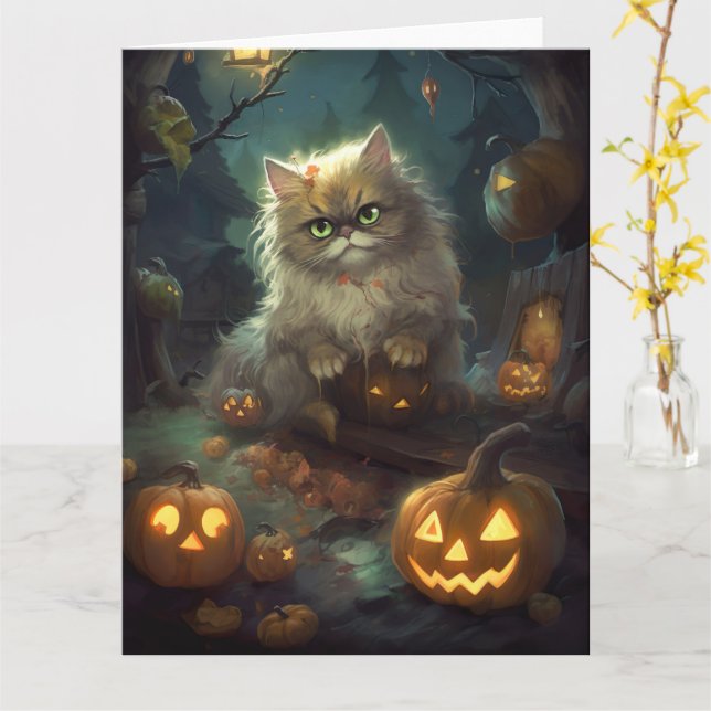 Halloween Persian Cat With Pumpkins Scary Card (Yellow Flower)