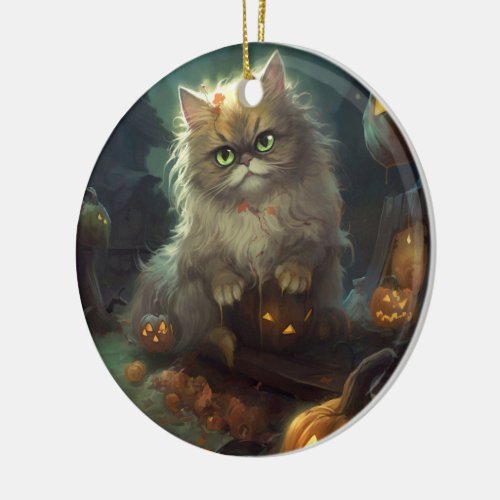 Halloween Persian Cat With Pumpkins Scary Ceramic Ornament