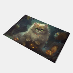 Halloween Persian Cat With Pumpkins Scary Doormat