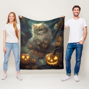 Halloween Persian Cat With Pumpkins Scary Fleece Blanket