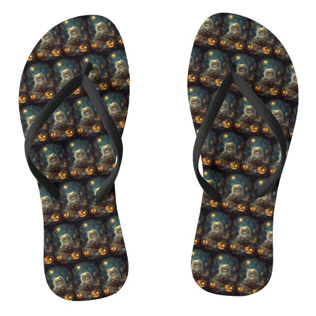 Halloween Persian Cat With Pumpkins Scary Flip Flops (Footbed)