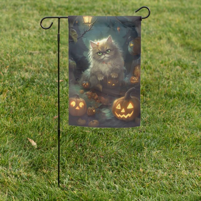 Halloween Persian Cat With Pumpkins Scary Garden Flag (In SItu)