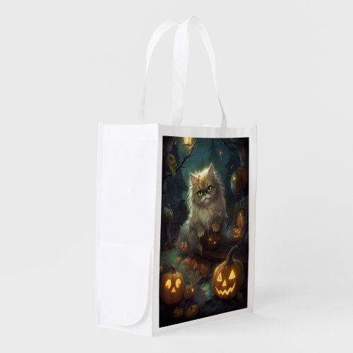 Halloween Persian Cat With Pumpkins Scary Grocery Bag