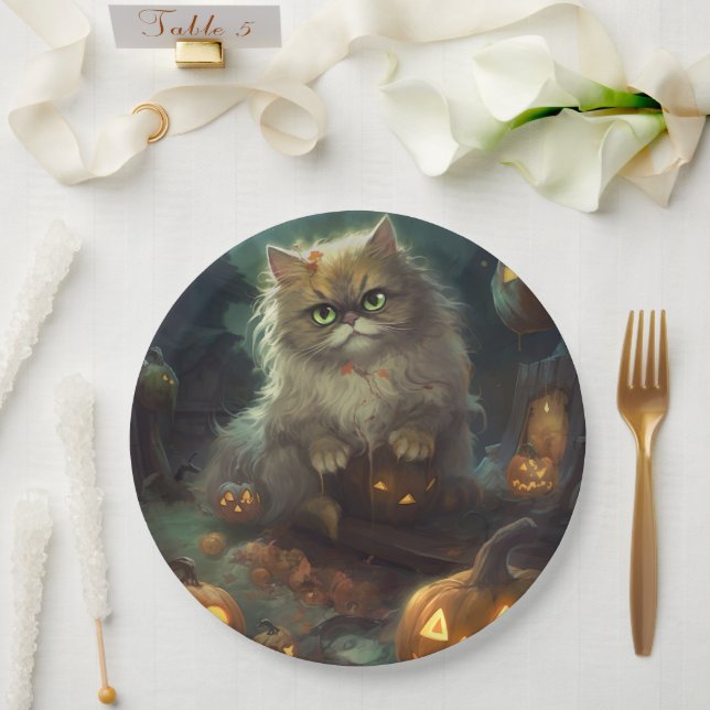 Halloween Persian Cat With Pumpkins Scary Paper Plates (Wedding)
